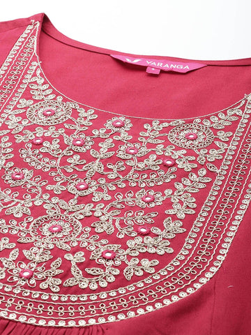 Varanga Women Round Neck Embroidered Yoke With Gathered Detail Kurta Paired With Bottom & Dupatta