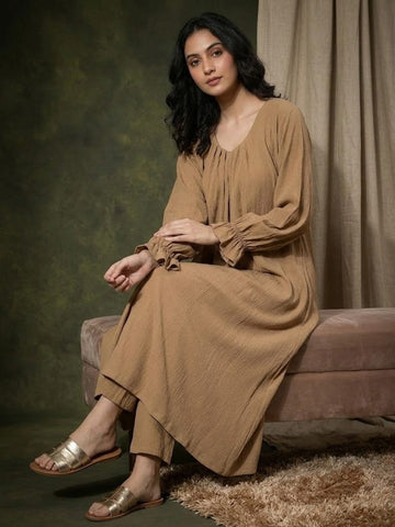Varanga Women Beige Colour, Bishop Sleeve A-Line Kurta Paired With Tonal Bottom