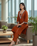Zari Embroidered Rust Flared Sleeve Kurta with Trouser