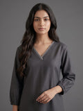 Women Straight Kurta With Embroidery On Neck Paired With Solid Trousers