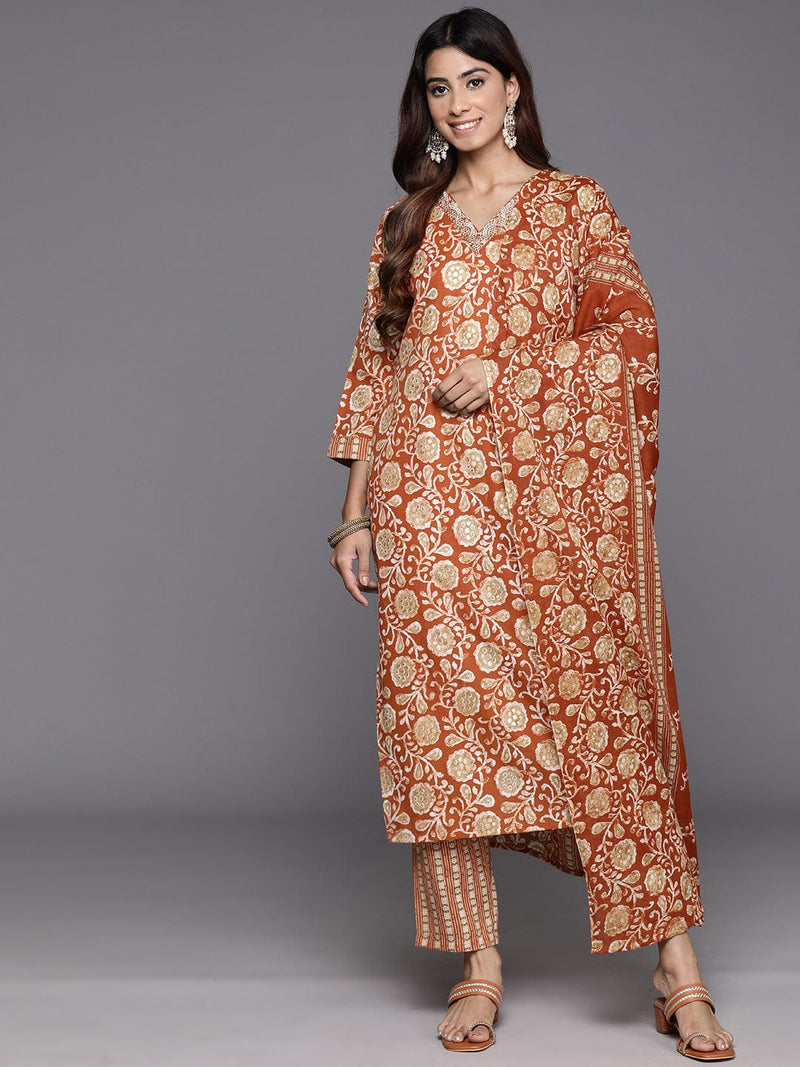 Varanga Women Rust Floral Printed Kurta Paired With Bottom & Dupatta