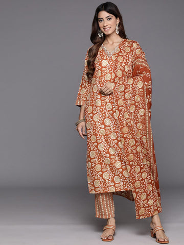 Varanga Women Rust Floral Printed Kurta Paired With Bottom & Dupatta