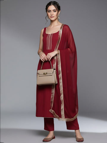 Varanga Women Maroon Round Neck, Spaghetti Strap Style Straight Kurta Paired With Tonal Bottom And Dupatta