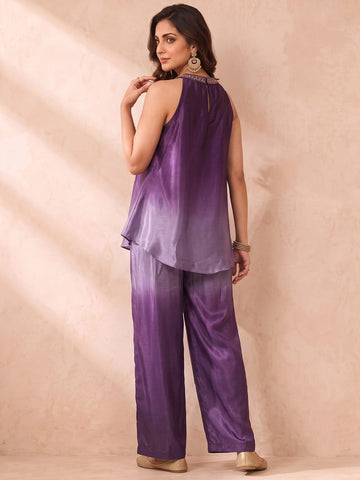 Varanga Women Ombre Dyed Mirror Work Silk Crepe Top with Palazzos