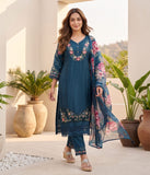 Varanga Women Floral Heavy Thread Embroidered Schffili Hem Kurta With Trouser & Dupatta