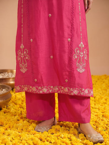 Women'S Pink Mul Chanderi Kurta Set With Chiffon Dupatta
