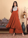Varanga Women Nude Yoke Embroidered Sleeveless Flared Kurta With Trousers.