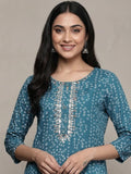 Varanga Women Turqoise Blue Bandhani Print Gotta Embellished Straight Kurta With Three Quarter Sleeves