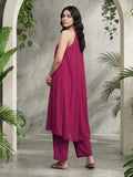 Varanga Women Fushcia Embroidered Sleeveless Flared Kurta Paired With Tonal Bottom