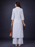 Women Blue Striped Shirt Collar Kurta Set