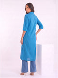 Blue Shirt-Style Kurta Elevated With Chic Contrast Stitch Detailing.