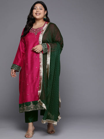 Varanga Women Plus Size Pink Placement Design  Embroidered Straight Kurta Paired With Contrast Bottom And Chiffon Dotted Dupatta With Four Side Fringes
