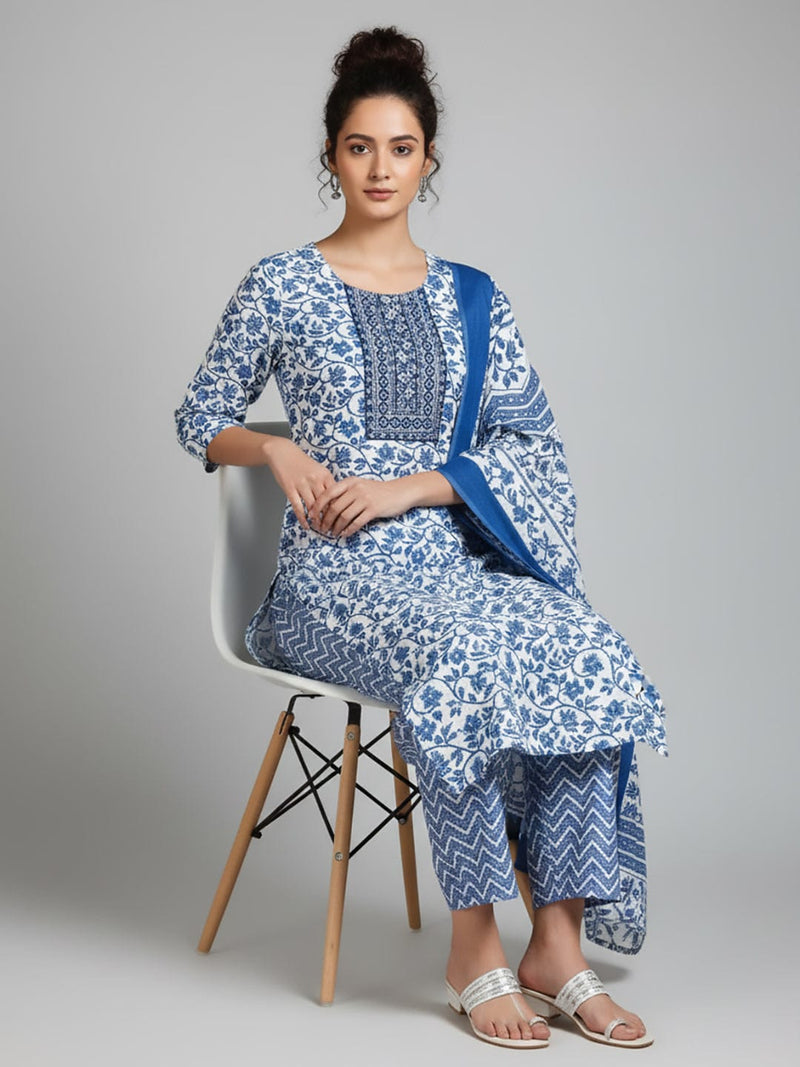 Varanga Women Ethnic Floral Printed V Neck Kurta Stripper Trouser & Dupatta