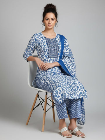 Varanga Women Ethnic Floral Printed V Neck Kurta Stripper Trouser & Dupatta