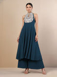 Varanga Women Nude Yoke Embroidered Sleeveless Flared Kurta With Trousers.