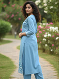 varanga women's ethnic solid skyblue round neck with v notch A line kurta with elegant emb. and  3/4 sleeves.