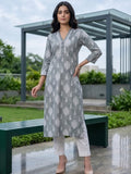 Varanga Women Grey 3/4Th Sleeve, V Neck Collared Kurta.