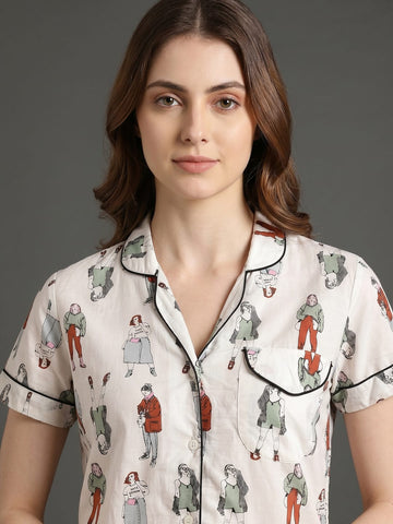 Varanga Off White Quirky Printed Launge Wear Set