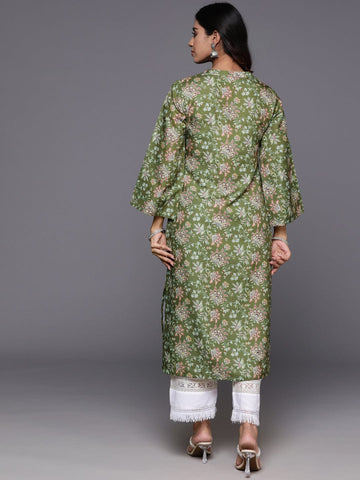 Varanga Women Olive Floral Printed Mandarin Collar Straight Kurta