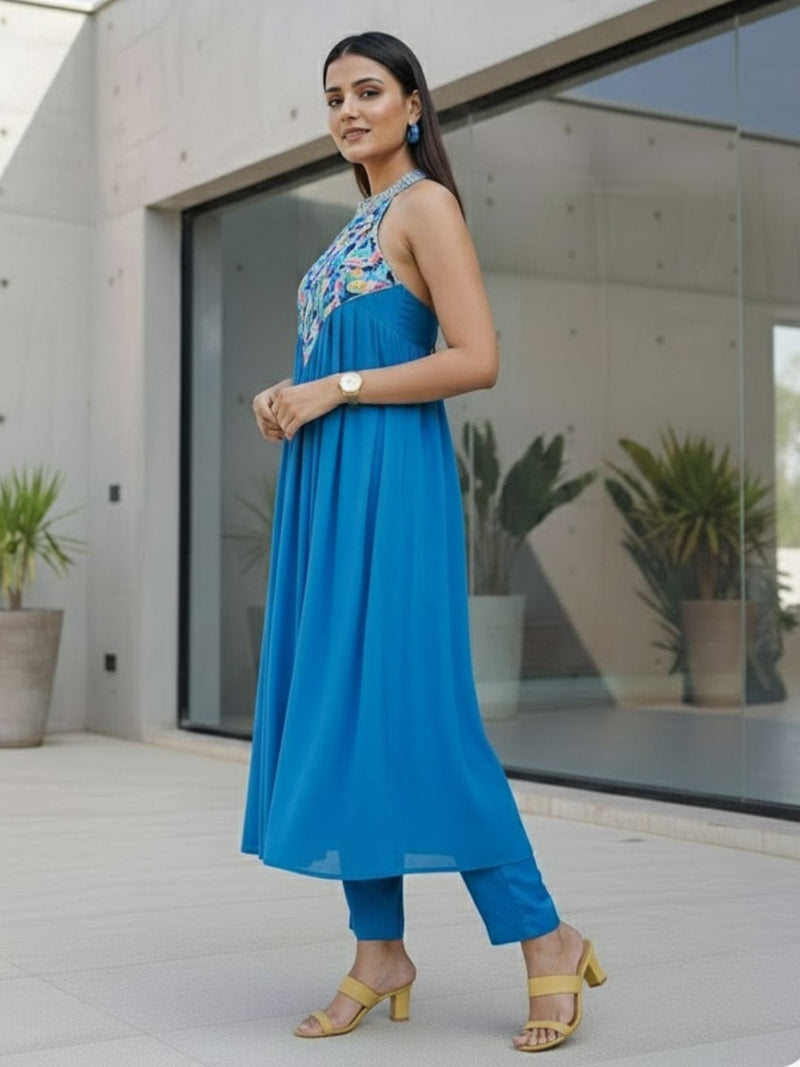Varanga Women Halter Neck Zari And Sequence Embroidered Sleeveless Flared Kurta Paired With Tonal Bottom
