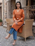Rust Straight Kurta with Embroidered Yoke
