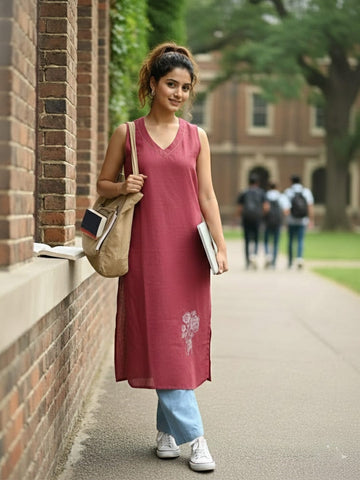 Varanga Sleeveless Solid Kurta with V-Neck and Subtle Floral Embroidery
