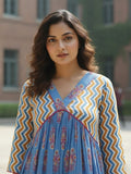 Classic ikat print Aliya-cut kurta in blue and white, teamed with regular-fit ankle-length trousers.