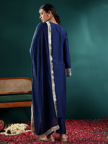 Varanga Women Blue Round Neck With Embroidered Kurta , Full Sleeves , Straight Kurta With Side Slits, Paired With Tonal Bottom And Dupatta.