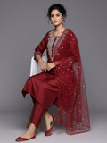Varanga Women Red Embroidered Kurta With Tonal Trouser And Printed Dupattta