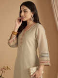 Varanga Women Three-Piece Set Featuring A Shimmer-Detailed Grey Kurta, Solid Ankle-Length Trousers, And An Embroidered Net Dupatta
