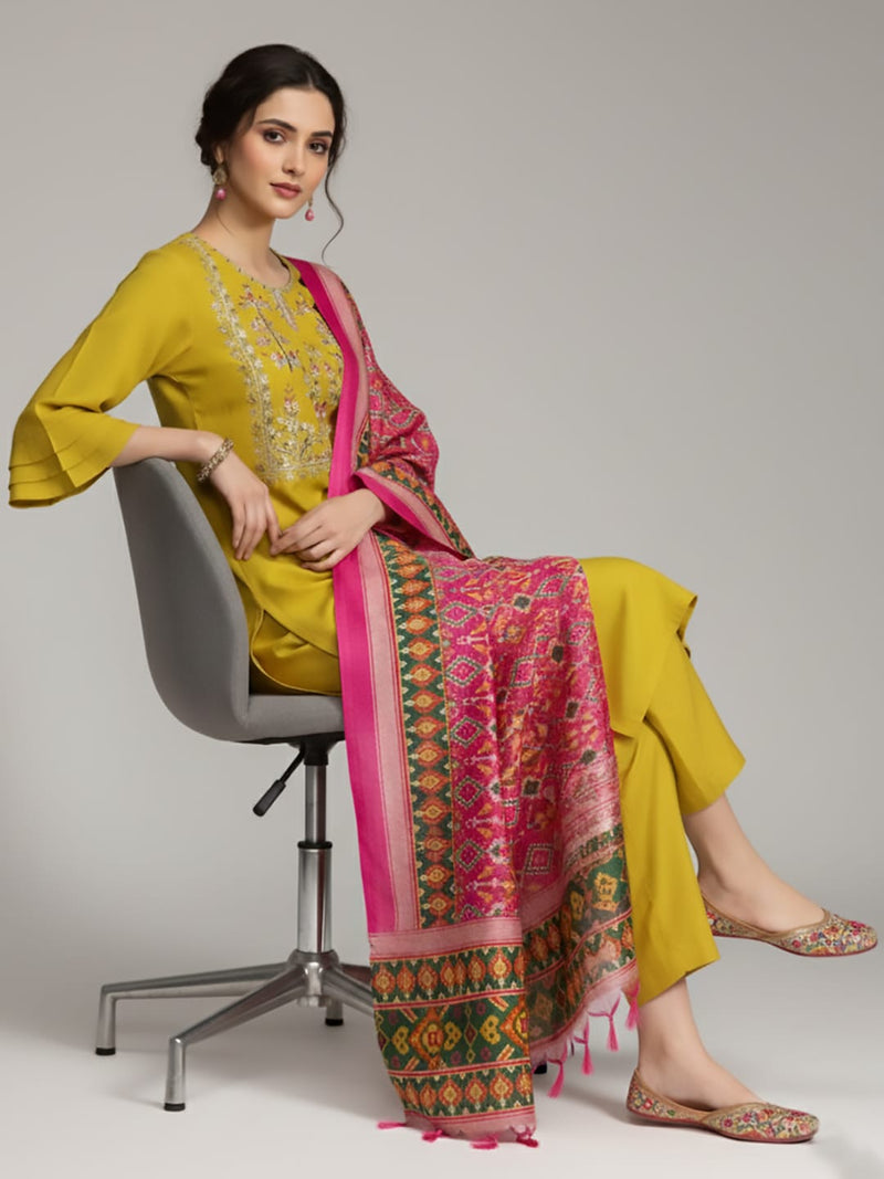 Varanga Women Yellow Yoke Design Kurta with Trousers and Dupatta Set