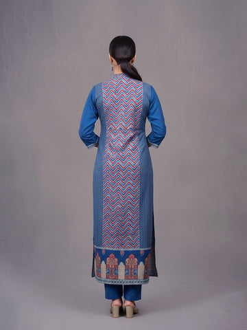 Blue Printed Kurta Set In Modal Silk