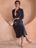 Casual Black Shirt Dress With Thread Embroiderey Detailing