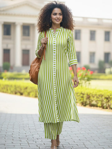Lime stripes Button-Down Kurta set
