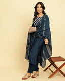 varanga women blue embroidered straight kurta paired with tonal bottom and dupatta