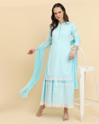 KSUT Women Blue Chikankari Kurta Attached With Skirt