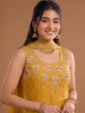 Round Neck Embroidered Kurta Set Featuring Zari And Sequin Work With Flared Palazzo And Embellished Dupatta