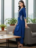 Women Blue Shirt-Style Kurta With Trousers