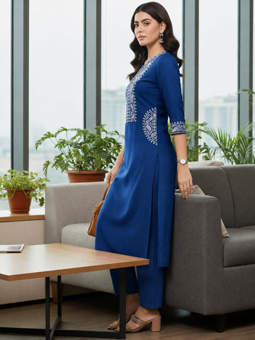 Women Blue Shirt-Style Kurta With Trousers