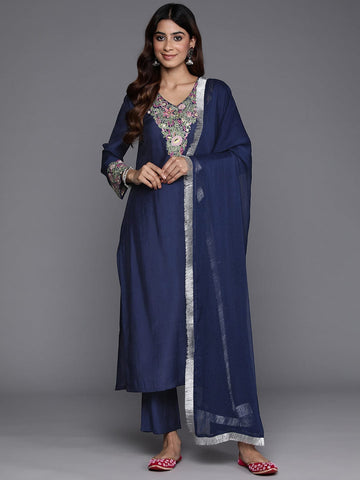 Varanga Floral Embroidered Thread Work Kurta with Trousers & Dupatta