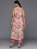 Varanga Biege Floral Printed High Slit Kurta with Trousers