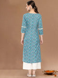 Blue Floral Printed Lace Embellished Kurta With 3/4Th Sleeves
