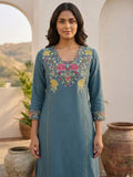 Women Floral Embroidered Blue A-Line Kurta Set
