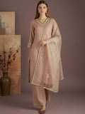 Varanga Women A Graceful Three-Piece Set Featuring A Shimmer Lace-Detailed Kurta, Solid Ankle-Length Trousers, And An Embroidered Net Dupatta.