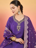 kurta set featuring a bead-embellished yoke, solid ankle-length trousers, and a brocade dupatta