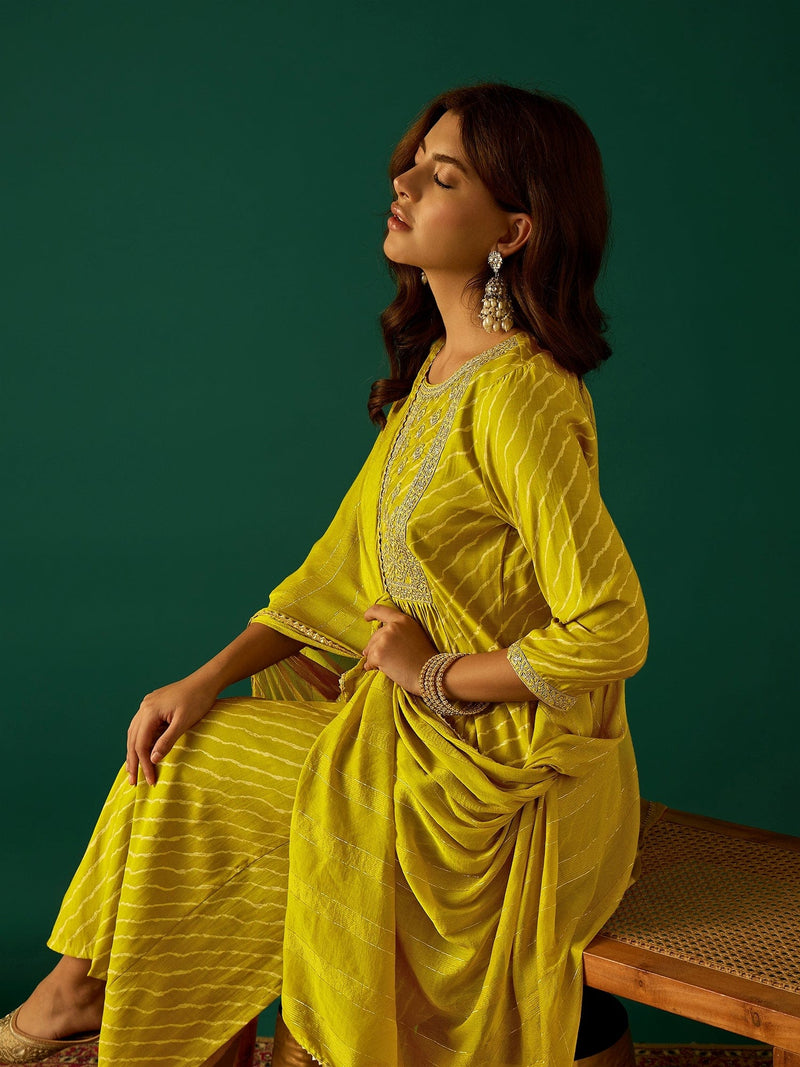 Bandhani-Printed Anarkali With Zari-Embroidered Yoke, Paired With Solid Trousers And Dupatta