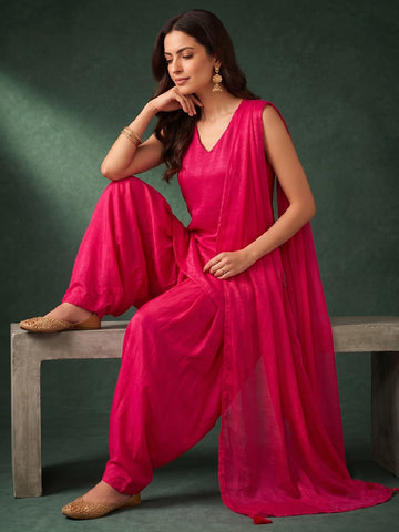 Rani Pink Solid V Neck Short Kurta With Farsi Salwar And Dupatta.