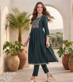 Varanga Women Grey Yoke Embroidered Straight Kurta Paired With Tonal Solid Bottom And Dupatta