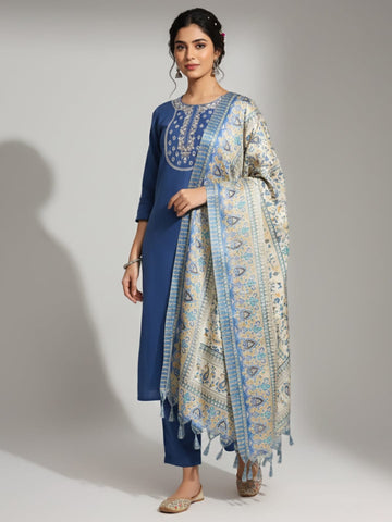 Varanga Women Embroidered Yoke Straight Kurta Paired With Tonal Bottom And Printed Bhagalpuri Dupatta
