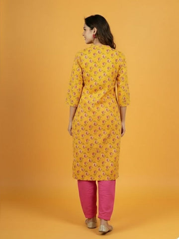 Mustard Printed Kurta & Contrast Pink Farsi Salwar Ensemble